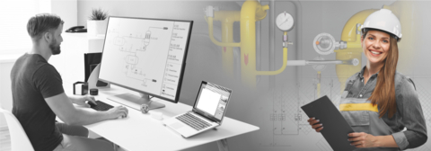Ein Bildschirmarbeitsplatz mit Mitarbeiter, Übergang zur Rohleitung und Schaltplan zur Ingenieurin.